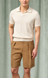 Off White Silk Cotton Johnny Collar Short Sleeve Polo