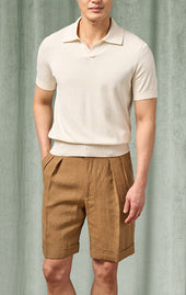 Off-White Silk-Cotton Johnny Collar Short Sleeve Polo