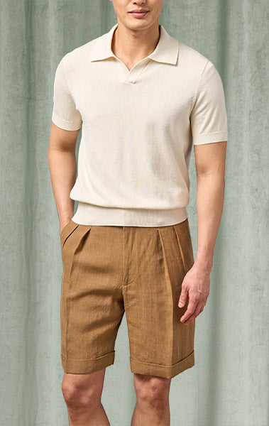 Off-White Silk-Cotton Johnny Collar Short Sleeve Polo