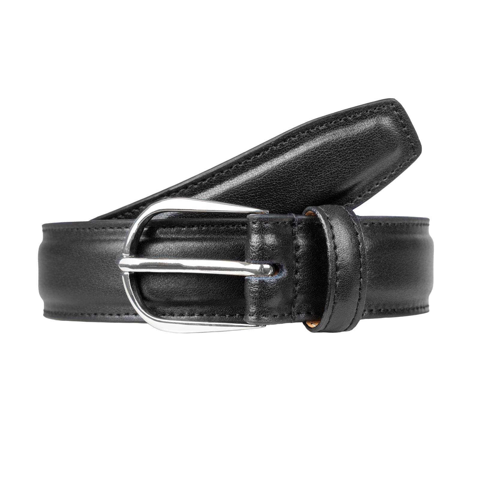 Men S Heritage Lined Leather Belt With Shiny Silver Buckle And Stitched Edge