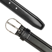 Men S Heritage Lined Leather Belt With Shiny Silver Buckle And Stitched Edge