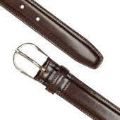 Men S Heritage Lined Leather Belt With Shiny Silver Buckle And Stitched Edge