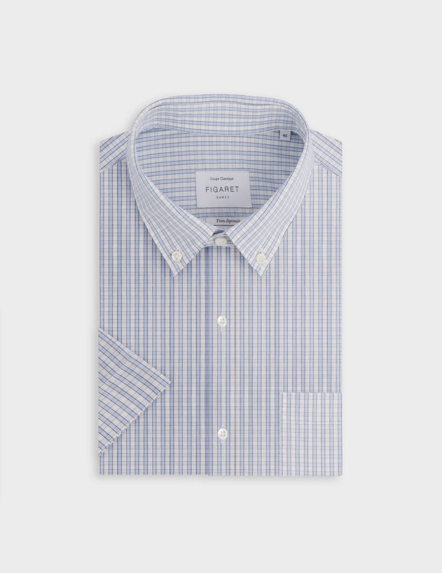 Chemise classique manches courtes à carreaux bleus