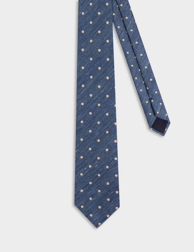 Blue and beige polka-dot linen and silk tie