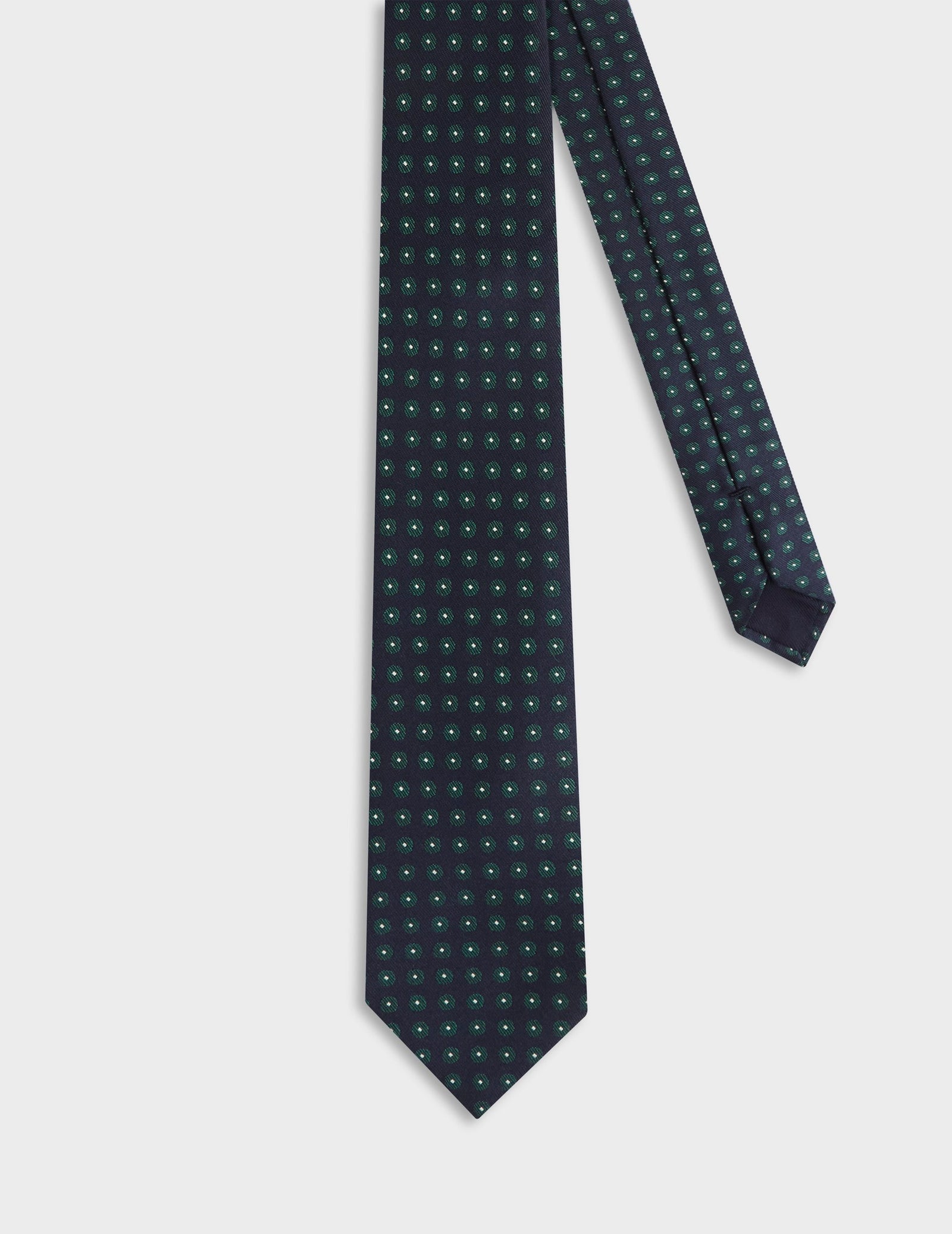 Navy silk tie with green patterns
