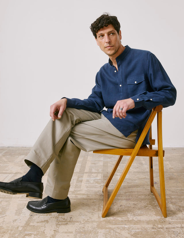 Chemise Popover Hilario en lin bleu marine