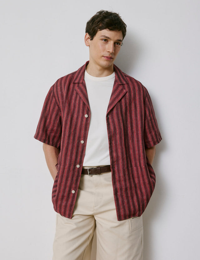 Chemise Lois manches courtes en lin rayé bordeaux