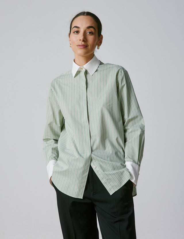 Striped sage Mathéa shirt with hidden button placket