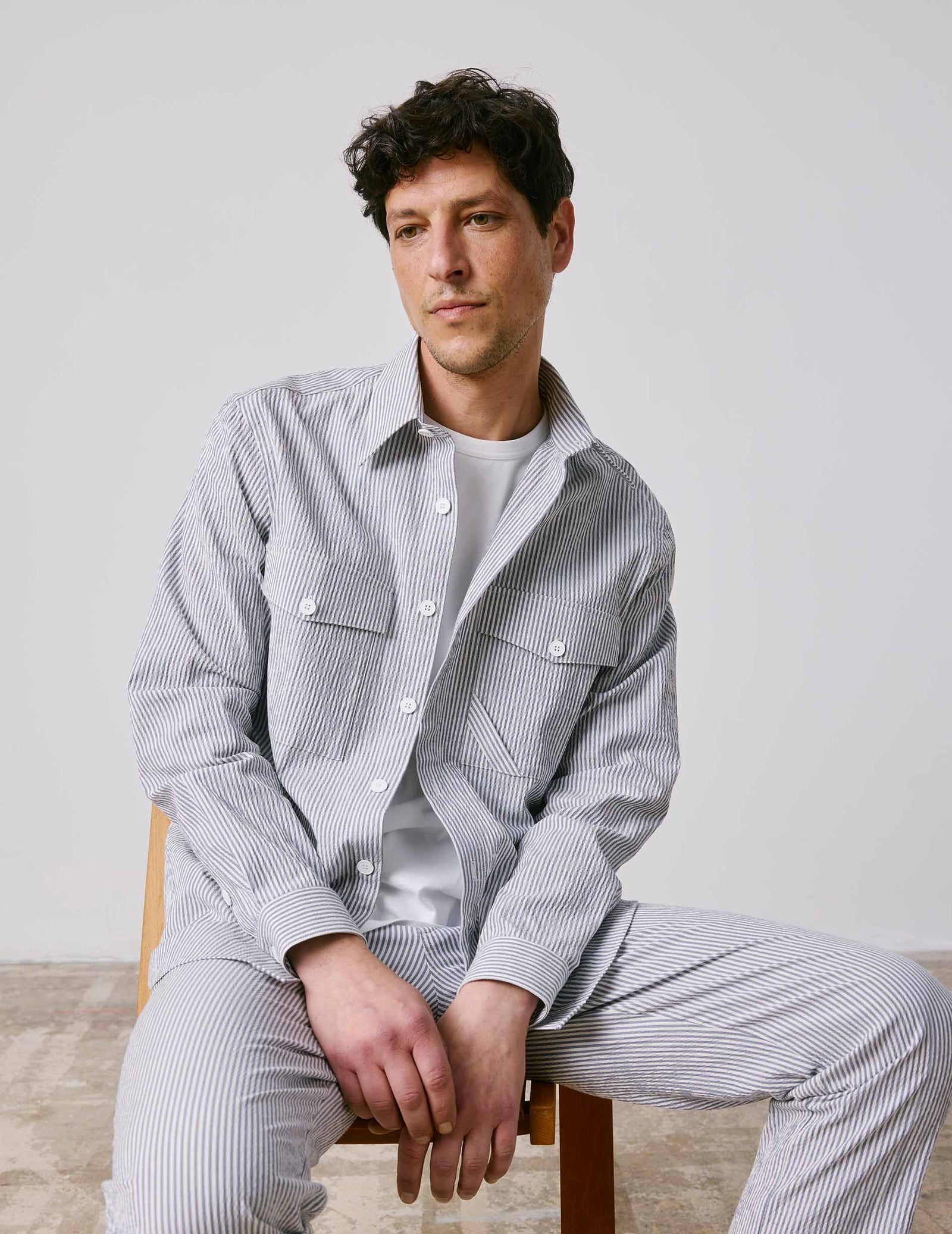 Chemise Nathael En Seersucker Ray Bleu