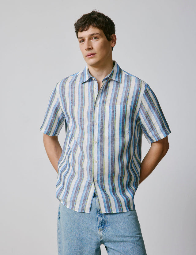 Chemise Nolhann manches courtes en lin bleu