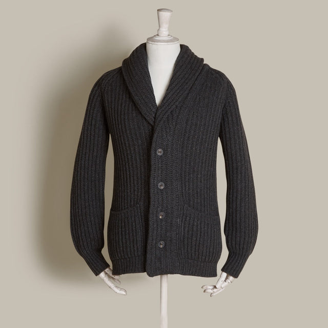 Ribbed 12 Ply Cashmere Cardigan in Charcoal