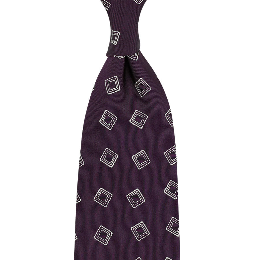 Geometrical Jacquard Silk Tie Eggplant Hand Rolled