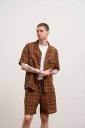 Man Open Collar Shirt Hemp Check