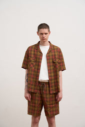 Man Open Collar Shirt Hemp Check