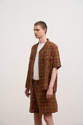 Man Open Collar Shirt Hemp Check