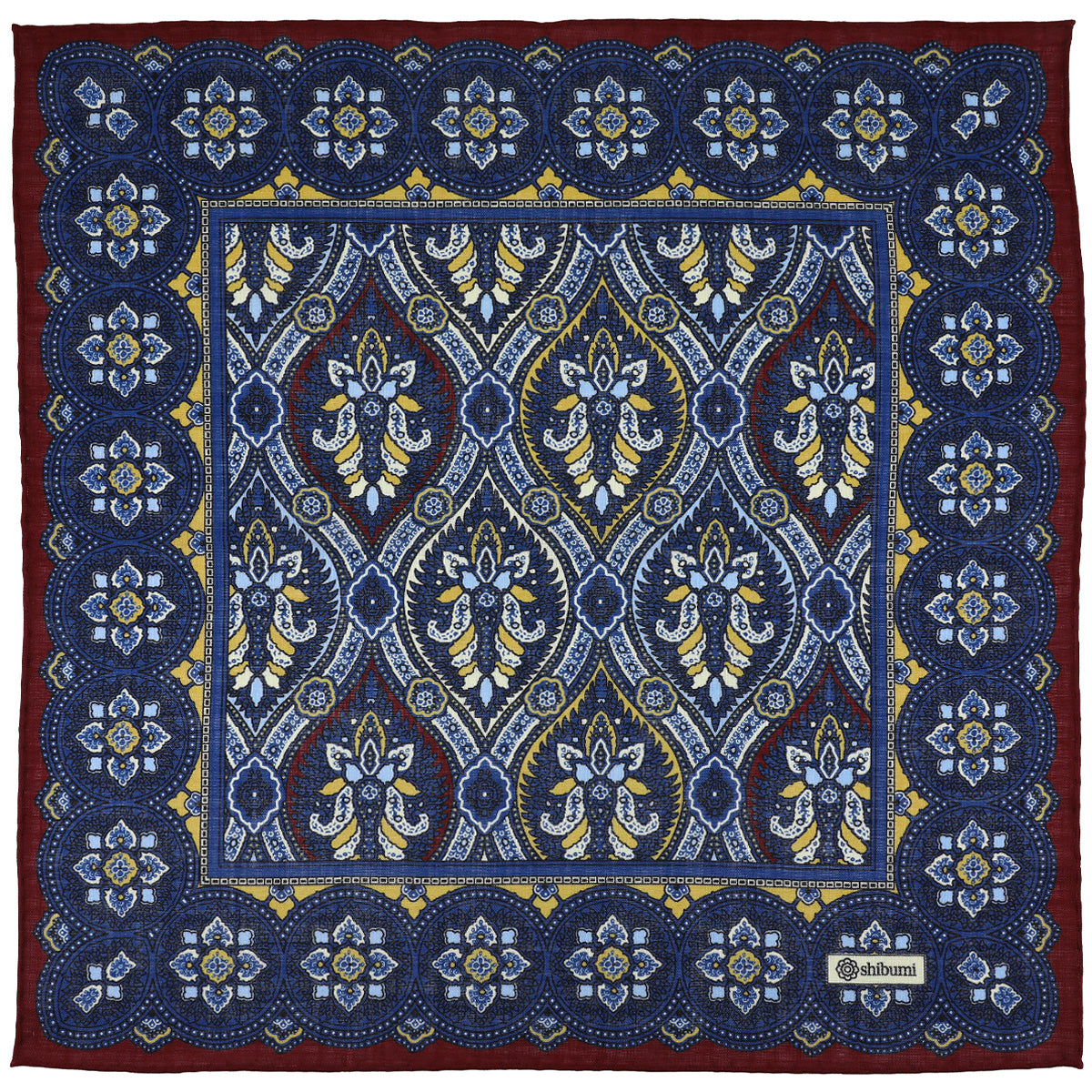 Paisley Motif Wool Silk Pocket Square Burgundy