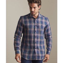 Dunross Linen Shirt in Blue & Burgundy Plaid | Men's Shirts | Magee 1866