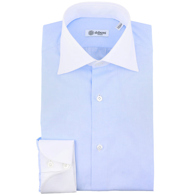 Poplin Semi Spread Shirt - Sky Blue / White - Contrast Collar w/ Cocktail Cuffs