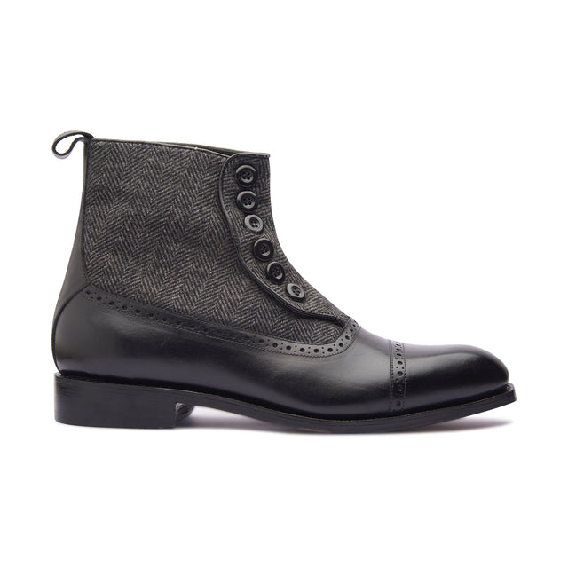 Victor, Button Boot -Black & Grey Textile | Hand Welted | Classics Collection