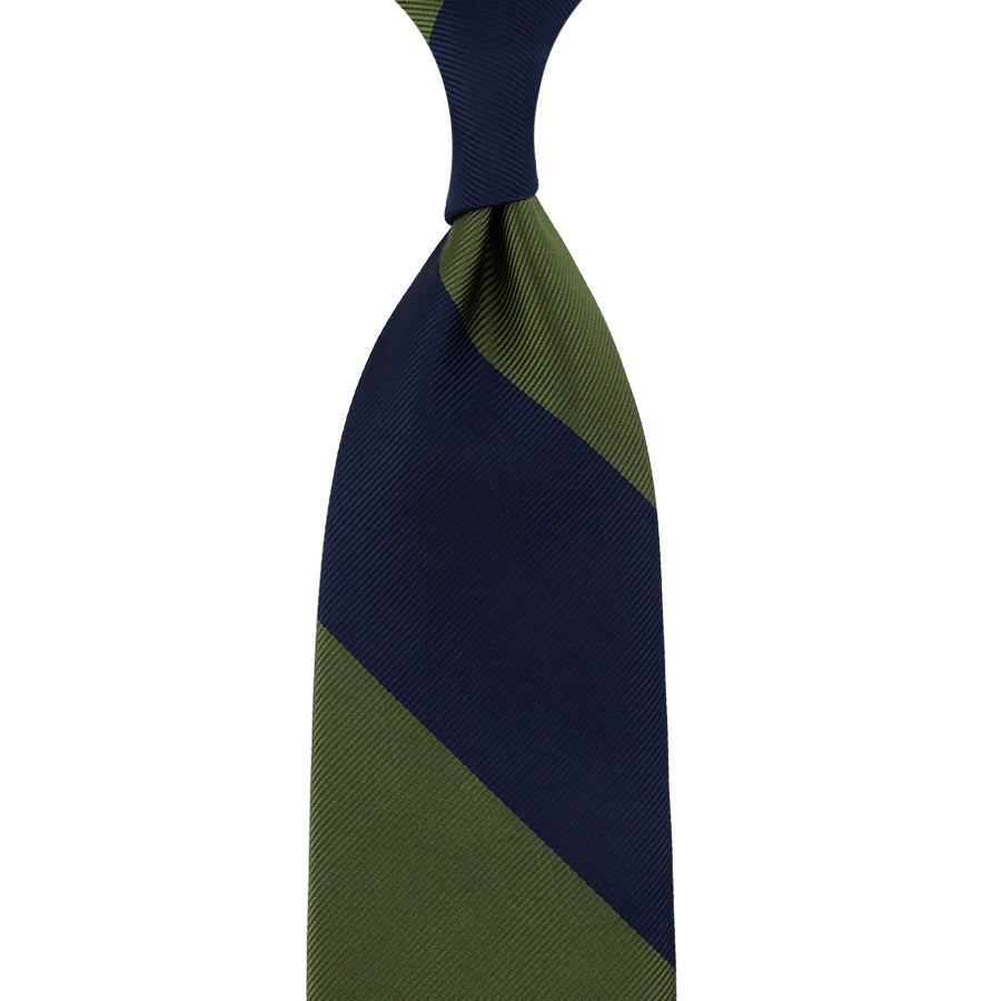 Japanese Repp Stripe Silk Tie Olive Hand Rolled