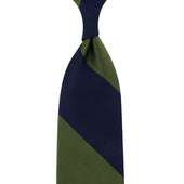 Japanese Repp Stripe Silk Tie - Navy / Olive - Hand-Rolled