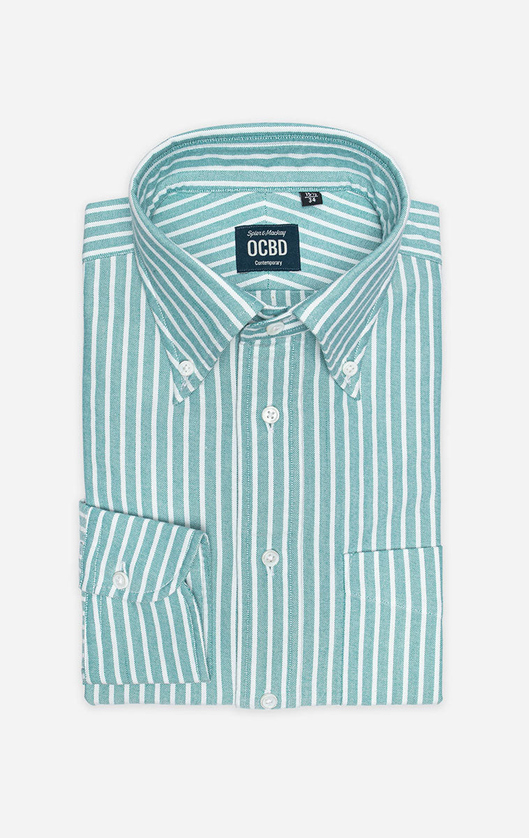 Green Reverse Stripe Button Down Collar Lightweight Oxford