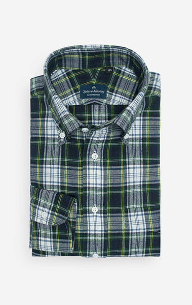 Green Yellow White Button Down Collar Highland Madras Sportshirt