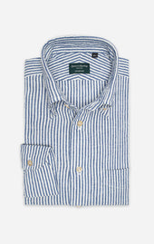 Blue Stripe Seersucker - Italian Button Down Collar - Linen/Cotton