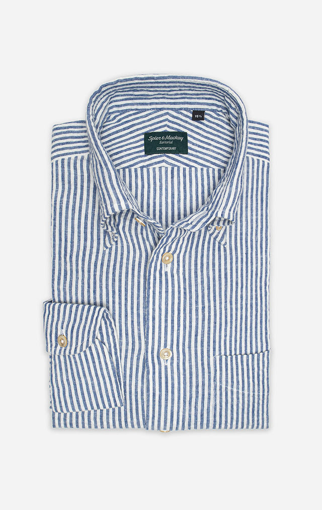 Blue Stripe Seersucker - Italian Button Down Collar - Linen/Cotton