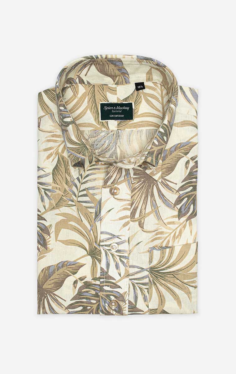Light Brown Tropical Print Button Down Collar Linen