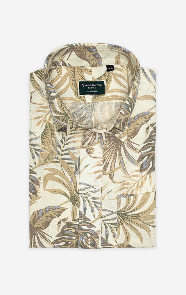 Light Brown Tropical Print - Button-Down Collar - Linen