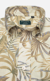 Light Brown Tropical Print Button Down Collar Linen