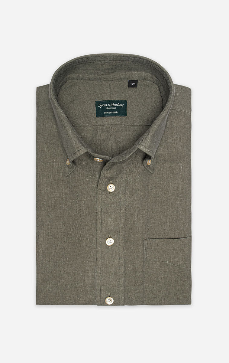 Green Button Down Collar Linen