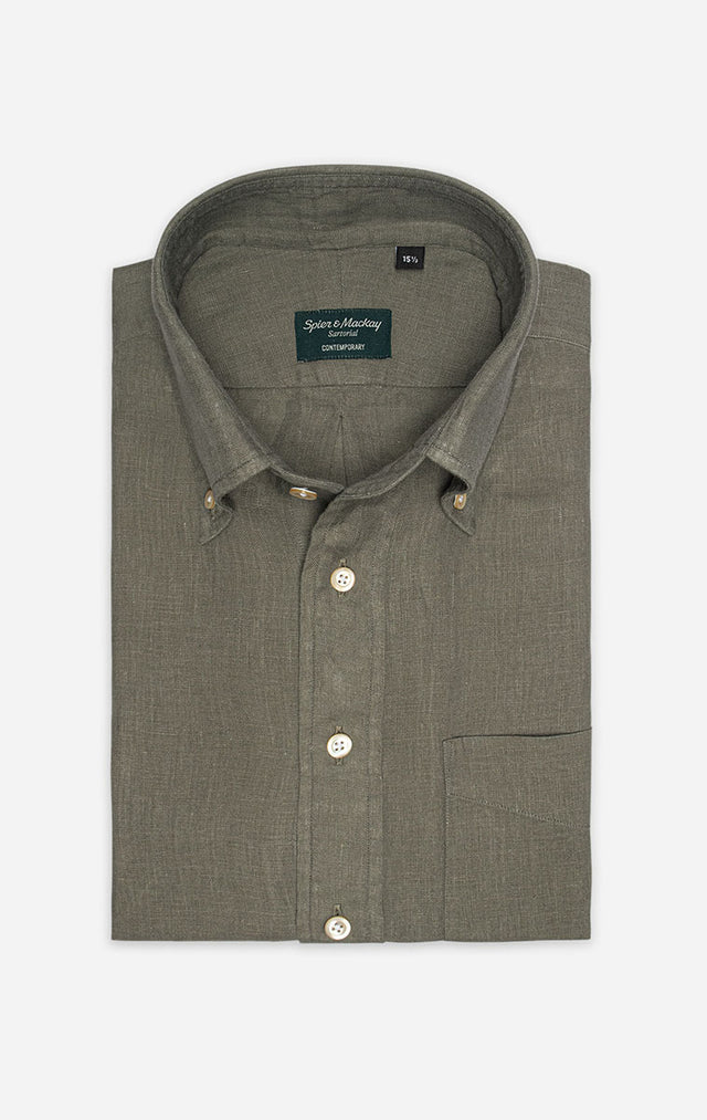 Green - Button-Down Collar - Linen