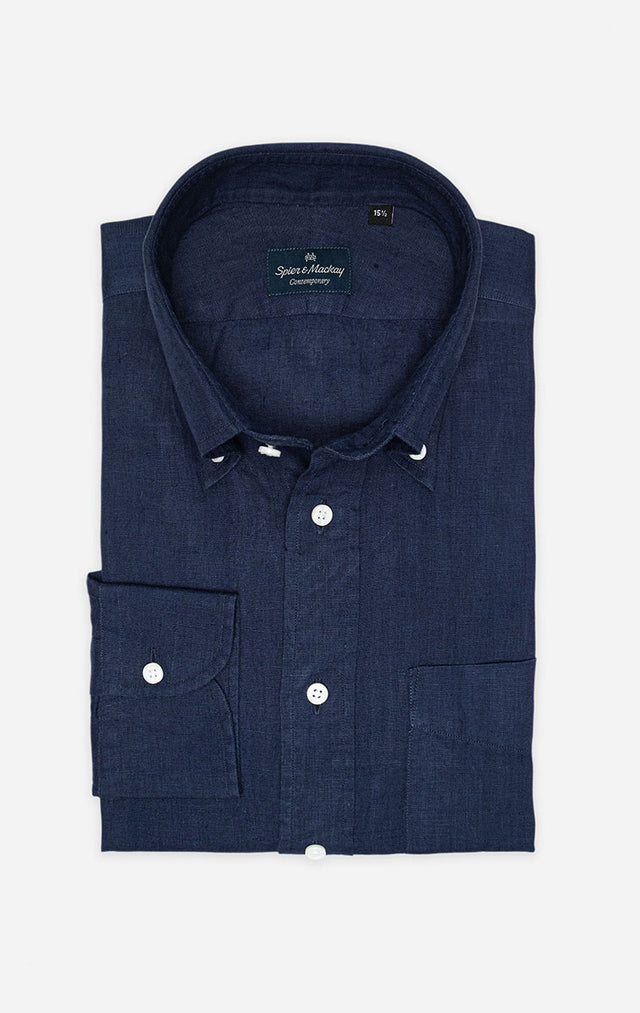 Navy - Button-Down Collar - Linen