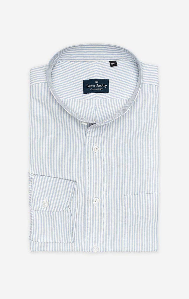 Light Blue Stripe - Band Collar - Oxford