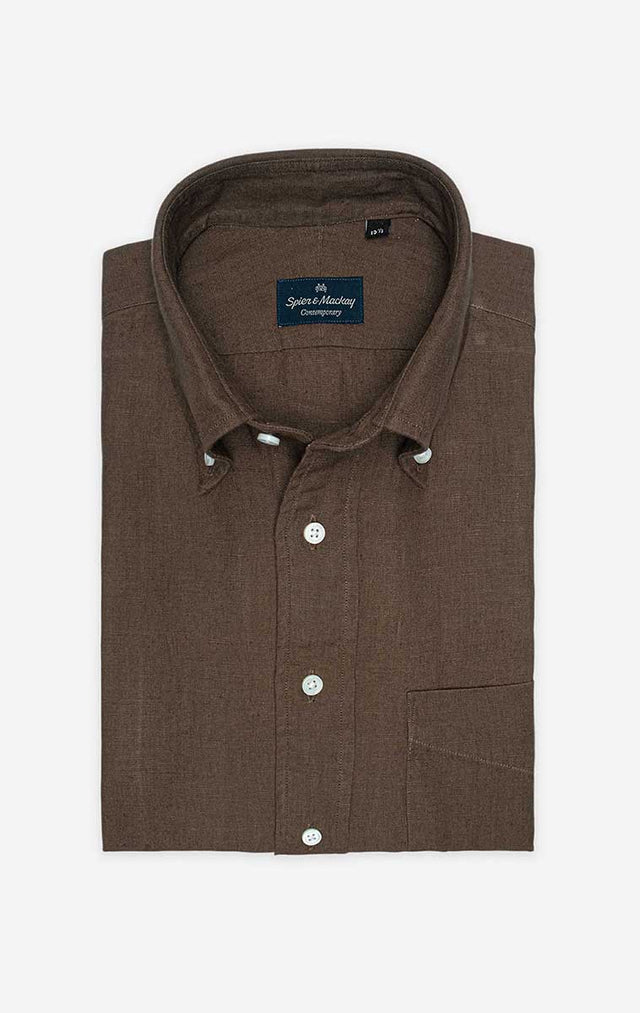 Brown - Button-Down Collar - Linen