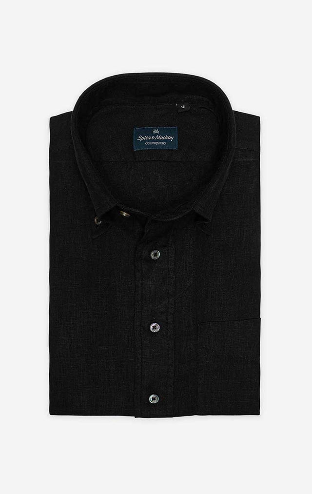 Black - Button-Down Collar - Linen