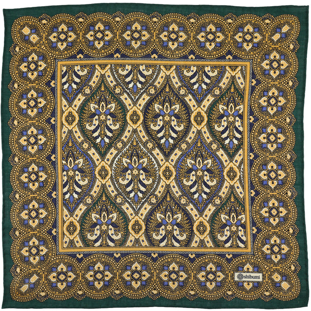 Paisley Motif Wool / Silk Pocket Square - Forest / Gold - 40x40cm