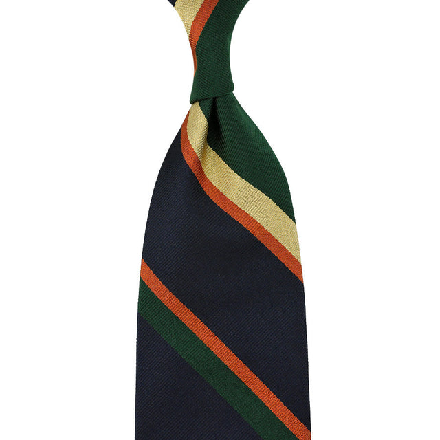 Repp Stripe Silk Tie - Forest / Navy / Rust - Hand-Rolled