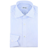 Poplin Semi Spread Shirt - White / Sky Blue - Butcher Stripe