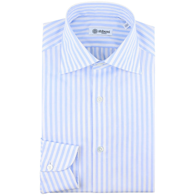 Poplin Semi Spread Shirt - White / Sky Blue - Butcher Stripe