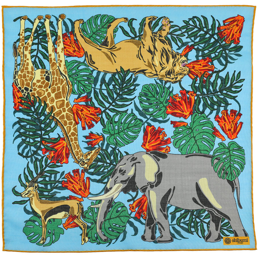 Safari Motif Wool Silk Pocket Square Sky Blue 40x40cm