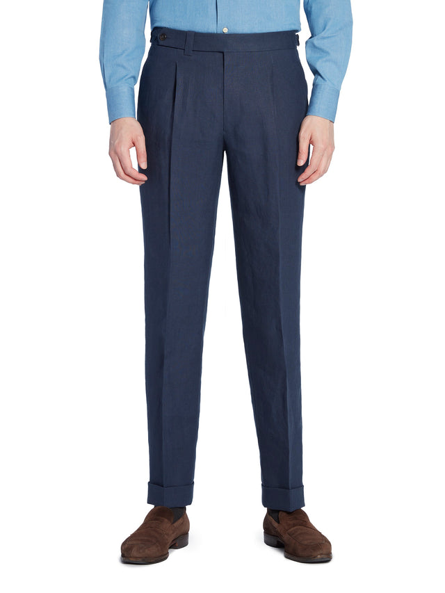 Navy Linen Pleated Trousers - Model 10