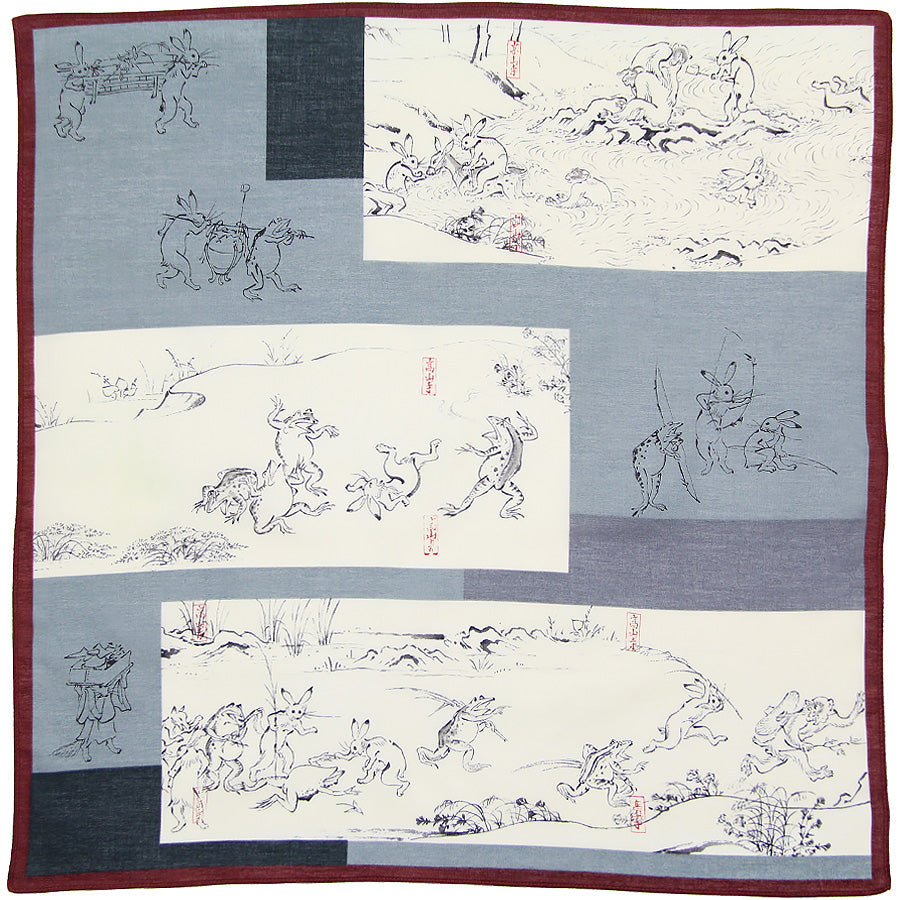 Ukiyo-e Cotton Handkerchief - Grey / Burgundy