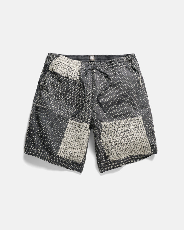 JAIPUR EASY SHORTS - WASHED SLATE/ECRU PATCHWORK KANTHA STITCHED COTTON CANVAS