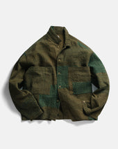 L/S SAM SHIRT - OLIVE / "GRINDIGO" PATCHWORK KANTHA STITCHED COTTON CANVAS