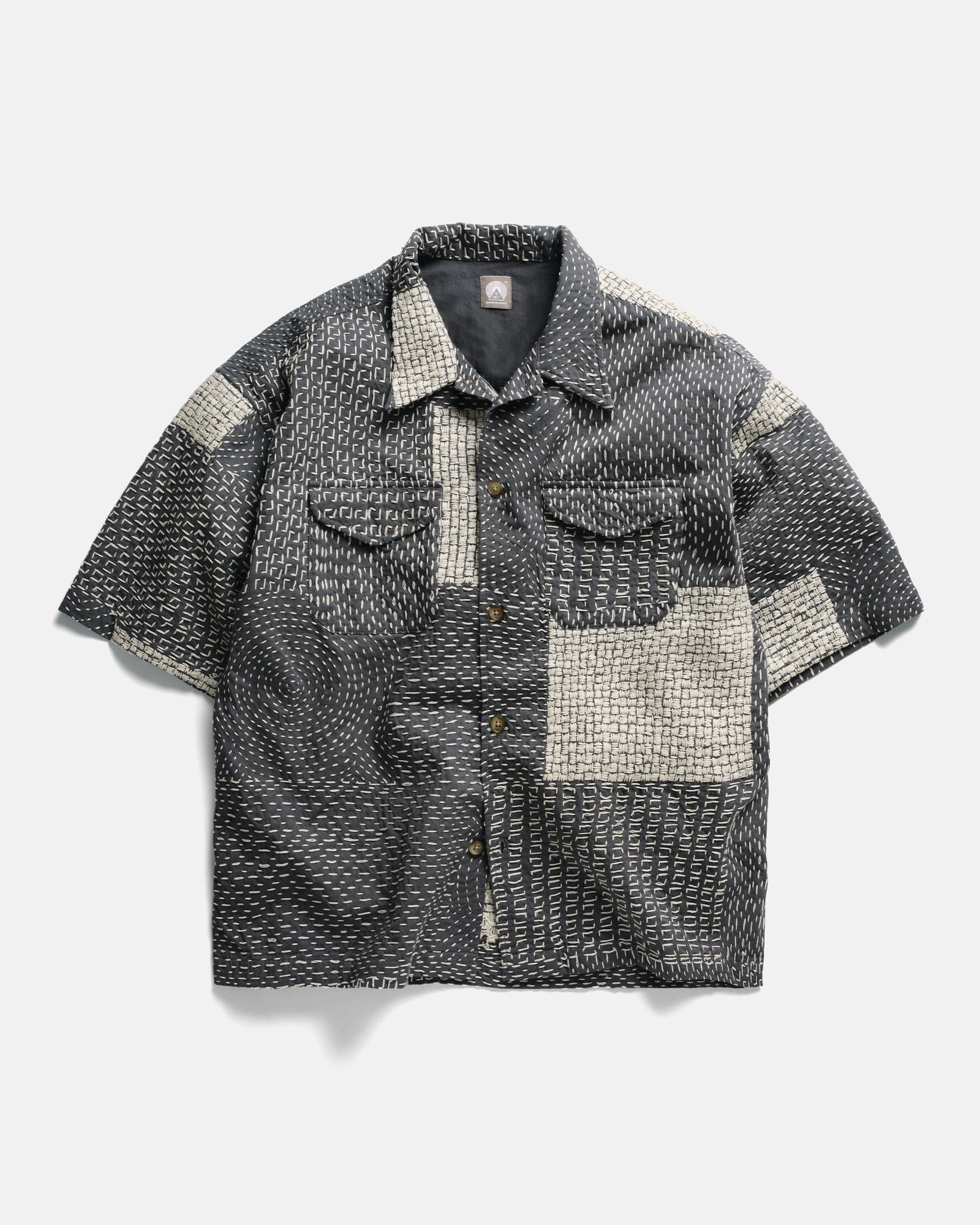 S S Wes Shirt Washed Ecru Patchwork Kantha Stitched Cotton Canvas