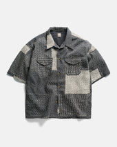 S/S WES SHIRT - WASHED SLATE/ECRU PATCHWORK KANTHA STITCHED COTTON CANVAS