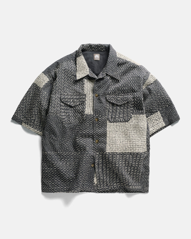 S/S WES SHIRT - WASHED SLATE/ECRU PATCHWORK KANTHA STITCHED COTTON CANVAS